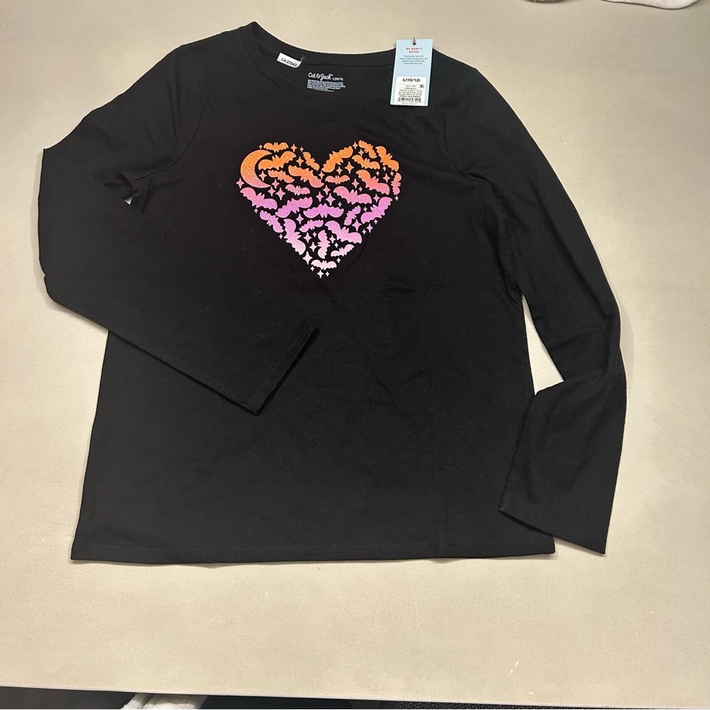 Cat & Jack Long Sleeve Tee, Black , Orange and Pink Heart Design Girls 10--12